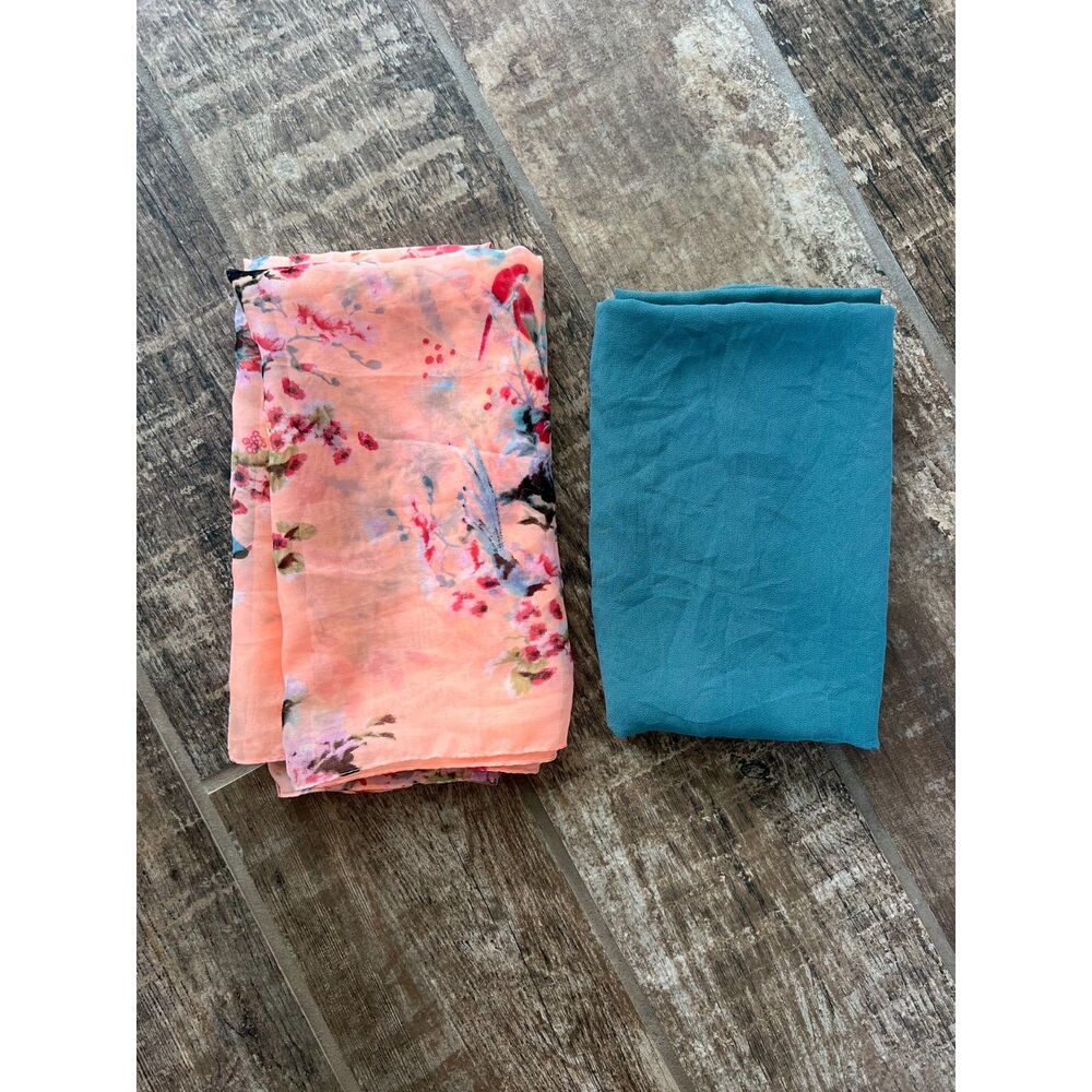 Scarf Set -- Peach Floral Infinity & Solid Teal Head Neck Rectangle Scarf Shaw